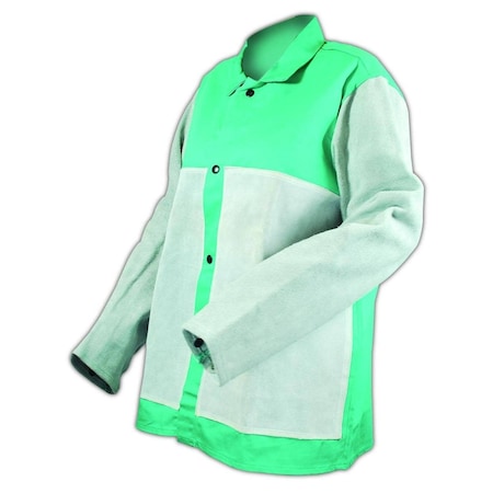 SparkGuard 1830LSFLP Green Flame Resistant Jacket With Leather Sleeves And Front Patches, XL